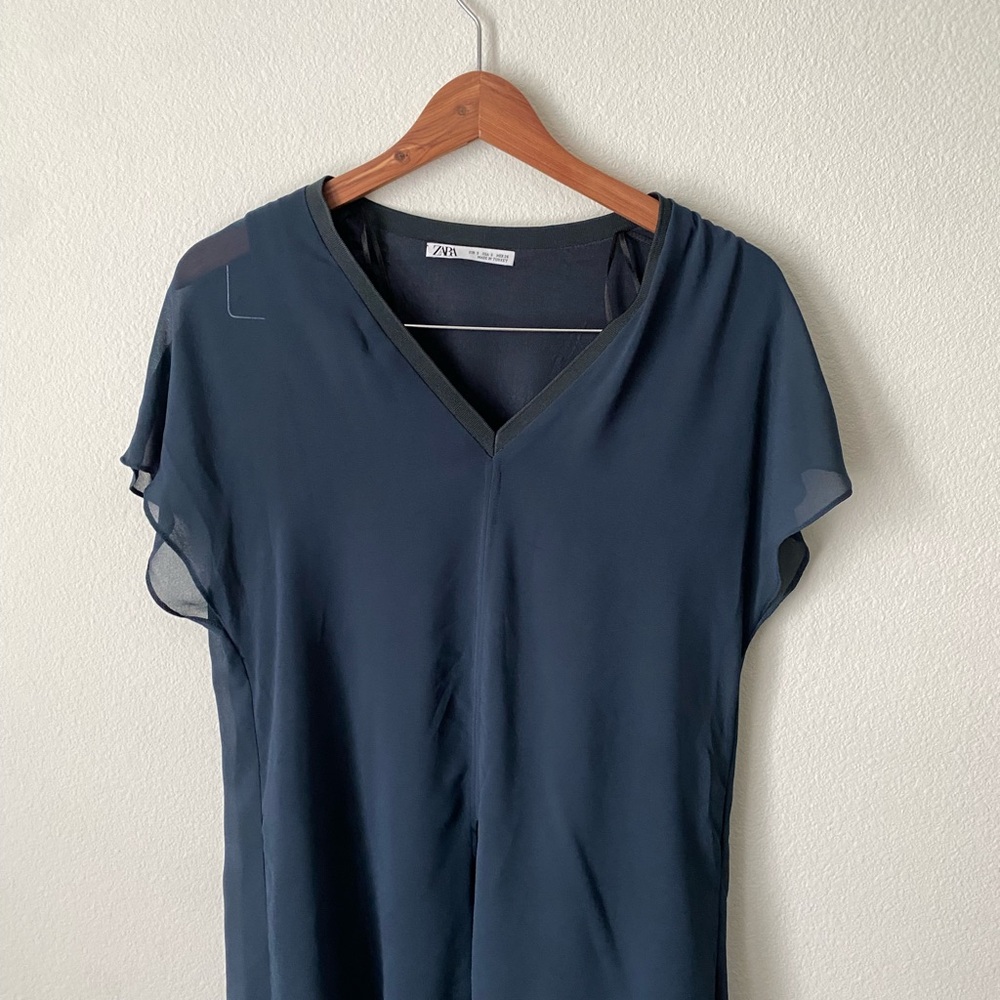 Zara Women's Navy V-Neck Flutter Sleeve Top